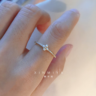 时髦bi入 气质满锆珍珠花朵戒指女高级感小众轻奢指环食指戒开口