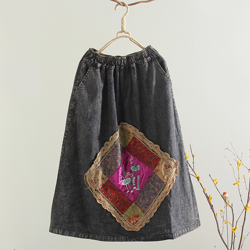 QB3琦琦家女裝 民族風刺繡貼布印花寬松百搭顯瘦牛仔半身裙 A字裙