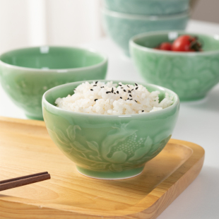 青瓷米饭碗陶瓷家用4.5英寸吃饭碗10只茶水碗龙泉青瓷餐具碗6只