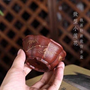小莲花铁画轩复古中国风迷你可爱绿 自在屋紫砂花盆微型P139