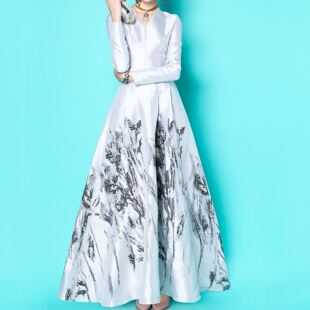 欧美高定原创银灰色缎面提花礼服长裙大码长袖V领大摆伞裙连衣裙