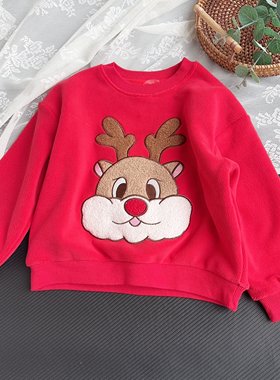 130-150码 贝贝祖红色毛绒卫衣 柔软厚实男女童新年装 可爱拜年服