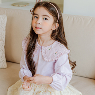 包邮100码 韩国童装春秋女童大荷叶领刺绣棉长袖衬衣女宝宝娃娃衫