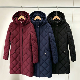 牛货~外贸秋冬女士中长款连帽棉服防风保暖菱格棉衣直筒百搭棉服