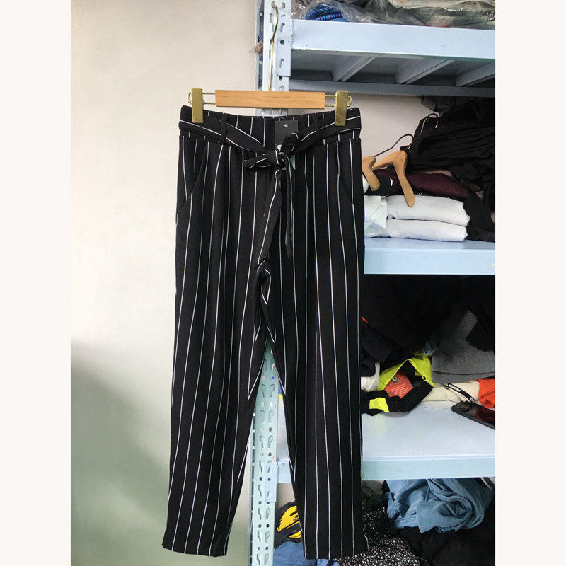 外贸女款休闲裤带腰带 竖条纹显瘦雪纺面料 很舒服垂感好的长裤子