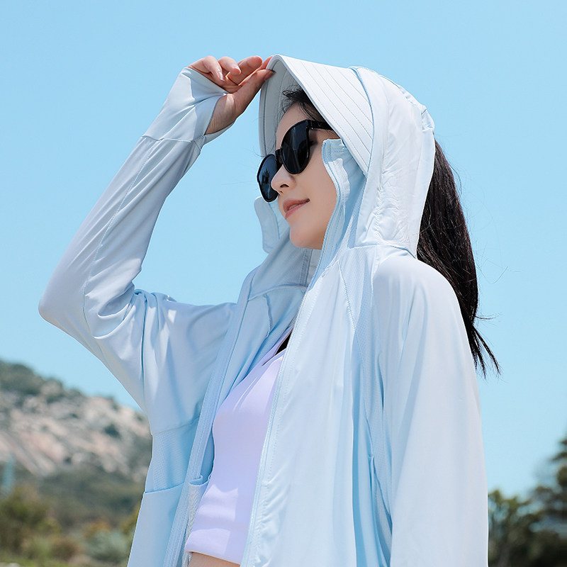 焦下夏季冰感防紫外线皮肤衣可拆卸帽檐轻薄弹性披肩女166S-P45,女装防晒衣,星座1403B