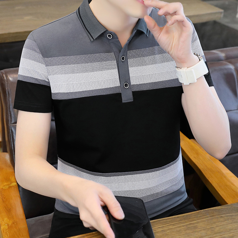 夏季新款男士短袖T恤印花全棉薄款商务翻领条纹polo男款T103-P32，商品下架区商品下架区，星座1403B
