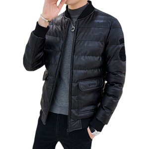 冬季男士棉衣短款外套修身羽绒棉服棒球领加厚PU皮棉衣826-P75图片