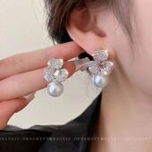 巴洛克珍珠耳环小众设计感闪钻花朵气质耳钉女2023新款 耳饰高级感