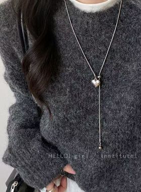 简约银色爱心吊坠长款毛衣链女