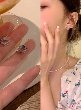 夏季蓝色星球锆石耳环设计感