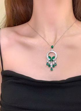 超重工镶锆祖母绿蝴蝶流苏项链女轻奢高级感气质大气锁骨颈链