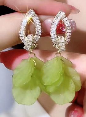 2024新款爆款夸张独特满钻绿色大花朵耳环女高级轻奢耳坠银针耳饰