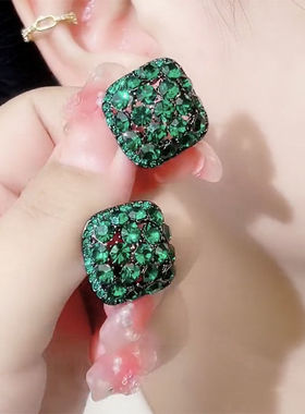绿色锆石几何耳钉女新款2023爆款复古轻奢气质耳饰小众高级感耳环