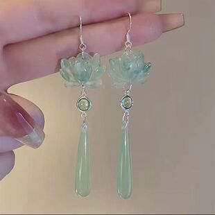 国风汉服古风耳钩耳饰品女 水滴耳环女2024新款 新中式 莲花超仙长款