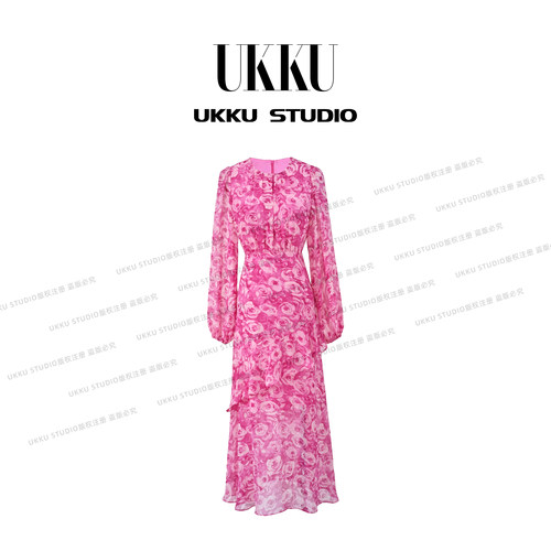 111【UKKU STUDIO【粉玫瑰】甜御风玫瑰收腰显瘦不规则连衣裙