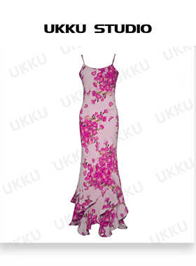 【UKKU STUDIO】轻奢设计师新中式收腰印花吊带性感连衣裙 511972