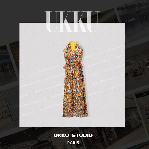 78【UKKU STUDIO】复古彩色小碎花挂脖长裙收腰V领荷叶边长裙