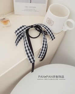 pp原创日系学院风少女心黑白格子飘带头绳后脑勺鸭嘴夹扎马尾发饰