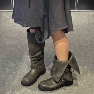 复古百搭折叠褶皱长筒机车靴 韩国小众皮带扣骑士靴女2026春夏新款