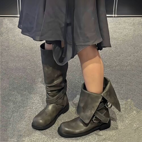 韩国小众皮带扣骑士靴长筒机车靴