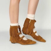 复古平底内增高流苏短靴2026春夏新款 镂空尖头凉靴小众玛丽珍凉鞋