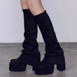 方头高筒靴显瘦弹力瘦瘦靴女 新款 日系厚底高跟辣妹裤 管靴2026春季