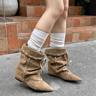 尖头褶皱平底绑带小短靴女2026春夏新款 复古小众美拉德西部牛仔靴
