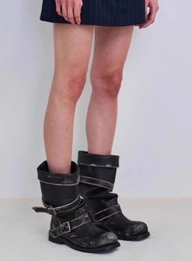 张元英同款皮带扣堆堆靴粗跟复古做旧中筒靴韩版靴子小众工装靴女