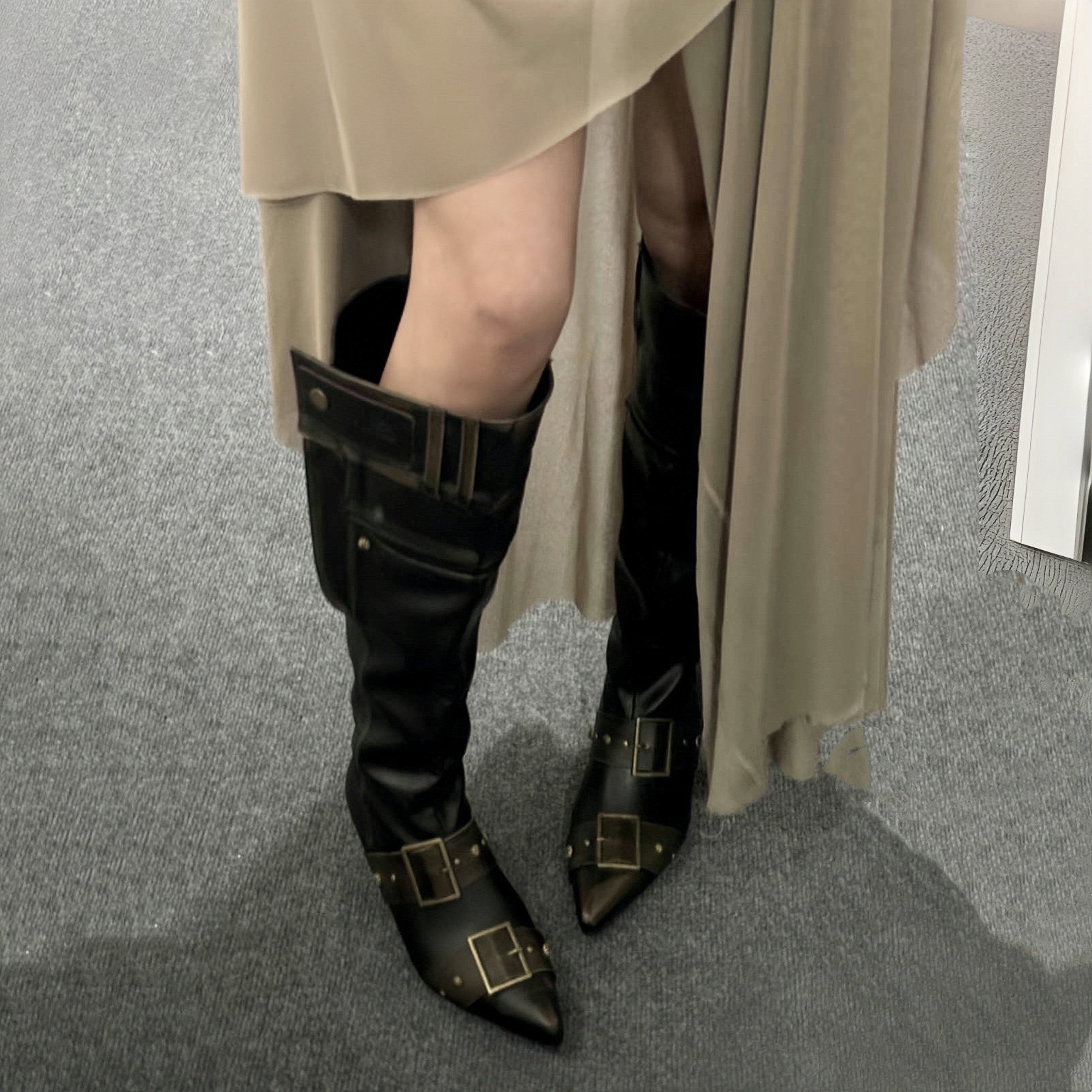 尖头金属扣大筒围堆堆靴复古西部牛仔靴小高跟骑士靴辣妹长筒靴女,女鞋,时装靴,淘宝优惠券,粉丝福利购,淘宝优惠卷