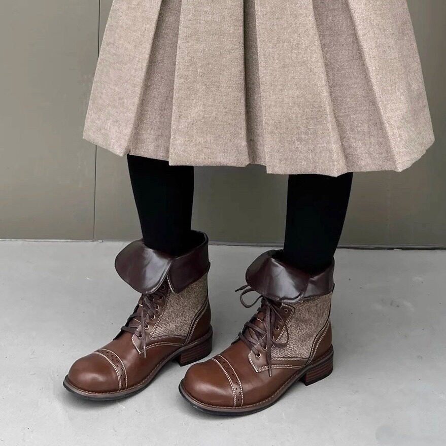 小众设计金属扣拼色复古短靴