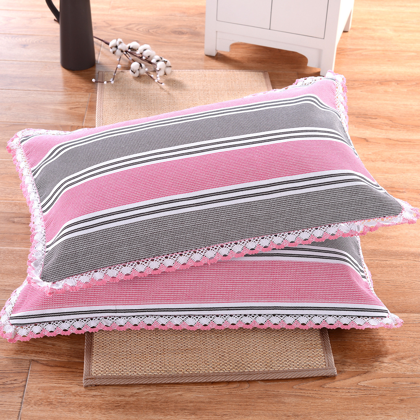 花边老粗布枕套一对纯棉透气加厚加大号成人枕头套48x74CM信封式