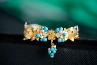 【驰骋手作】银镀金葡萄叶鹤纹松石珠带手链【30天发货】手工饰品