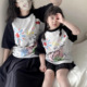 男童女童 T恤亲子装 2026撞色t恤一家四口圆领大码 宽松小猫亲子短袖