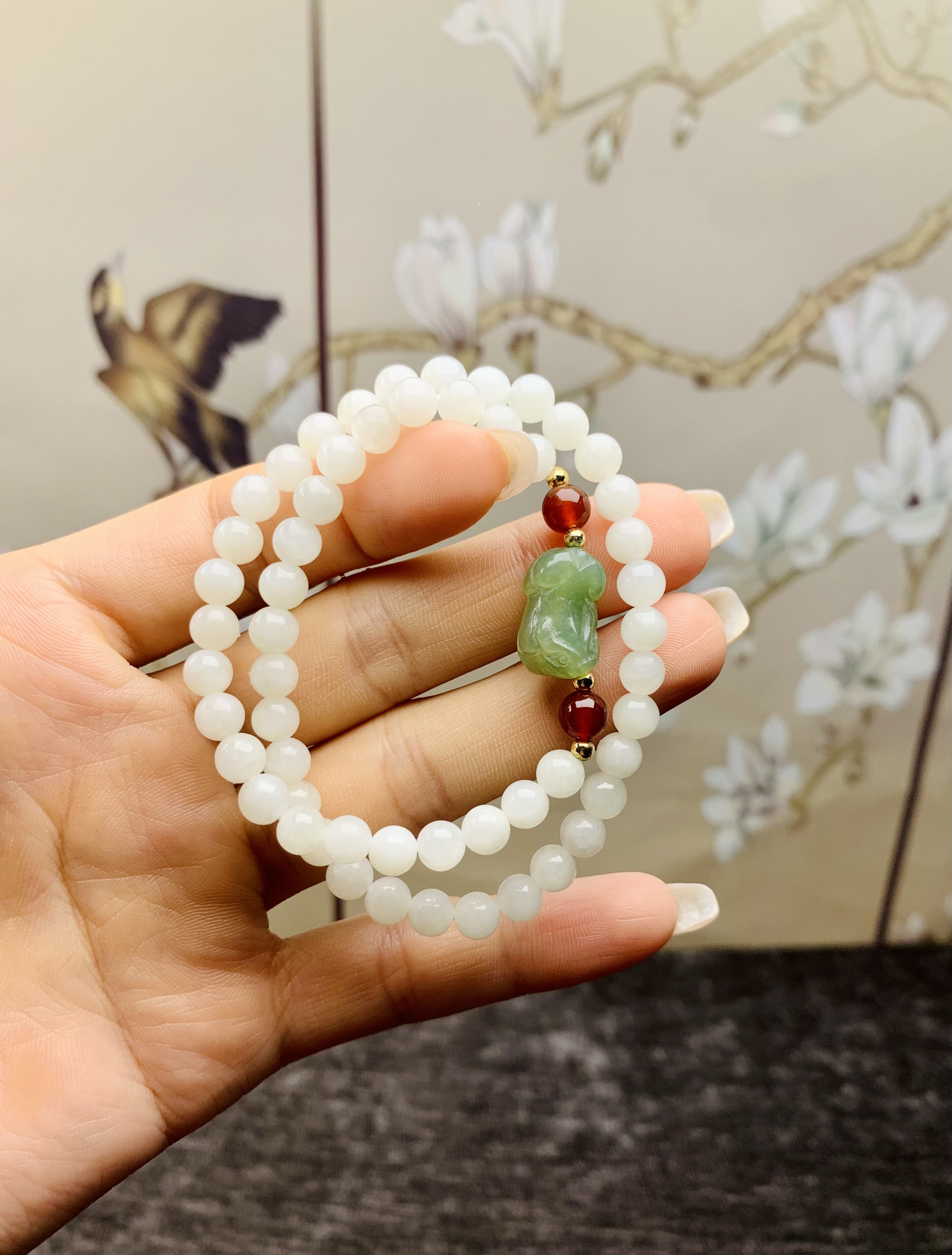 和田玉时和田玉 双圈和田白玉貔貅复古风格手串