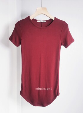 2024春夏新款出口原单酒红弹力针织短袖T修身显瘦百搭圆领经典款