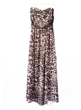 法国超模定单时尚性感女神抹胸连衣裙 复古蕾丝豹纹开叉长裙 B121