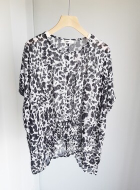 英国定单宽松廓形款雪纺豹纹印花短袖圆领T恤上衣原单2024年夏季