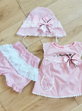 岛国原单婴儿童装帽子上衣短裤三件套棉针织波点蝴蝶结荷叶边夏季