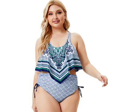 印花大码带胸垫分体高腰比基尼