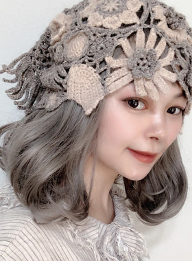 森女系田园风钩织立体花朵帽子