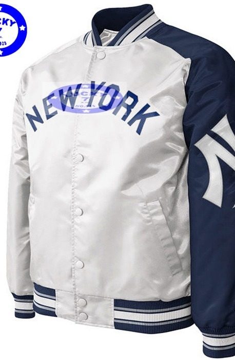 私藏正品纽约洋基珠光白藏青拼色丝光亮面秋冬夹棉NY棒球服XXL码