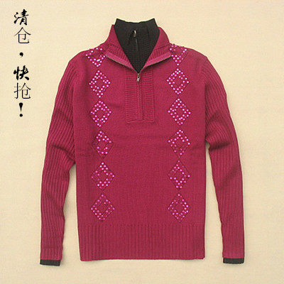 归帆品牌春季女装时尚妈妈上衣长袖双层立领菱格羊毛衫毛衣黑色31