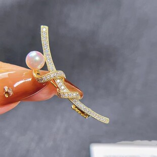 DIY配件 气质百搭简约鱼竿胸针铜镀金镶锆石个性别针珍珠胸花空托