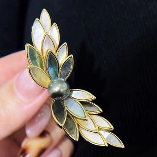 DIY配件 天然黑贝羽翼翅膀胸针女铜镀金气质别针配饰珍珠胸花空托