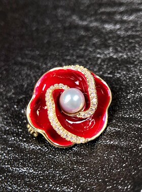 DIY配件 红色系滴油圆形花朵胸针女珐琅彩绘锆石别针珍珠胸花空托