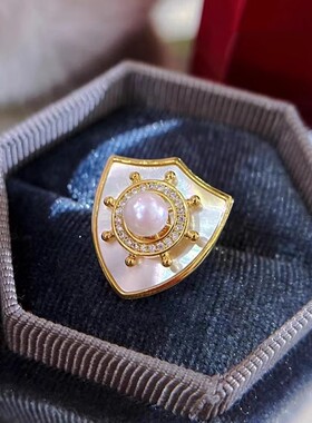 DIY配件 天然贝壳船舵盾牌胸针女铜镀金微镶锆石领针珍珠胸花空托