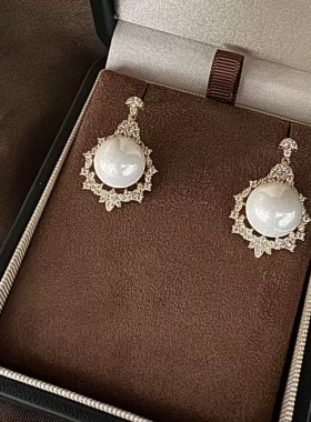 DIY珍珠配件18K包金铜镀金豪镶款新品耳环耳钉耳饰半成品耳针空托