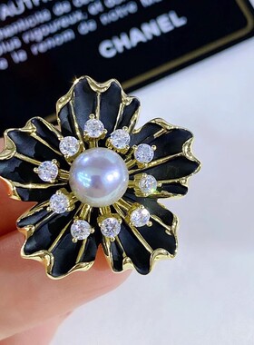 DIY配件 气质黑色花朵胸针珐琅工艺精致高档锆石别针珍珠胸花空托
