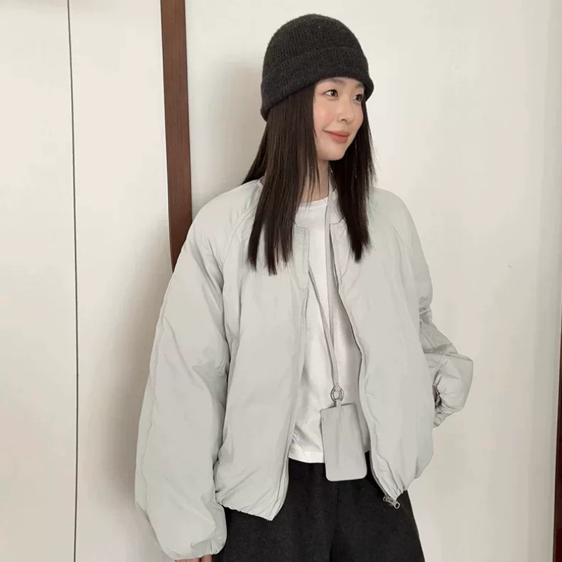 THXGIVING 休闲配挂脖袋蓬松羽绒服女2025冬季新圆领拉链棒球外套
